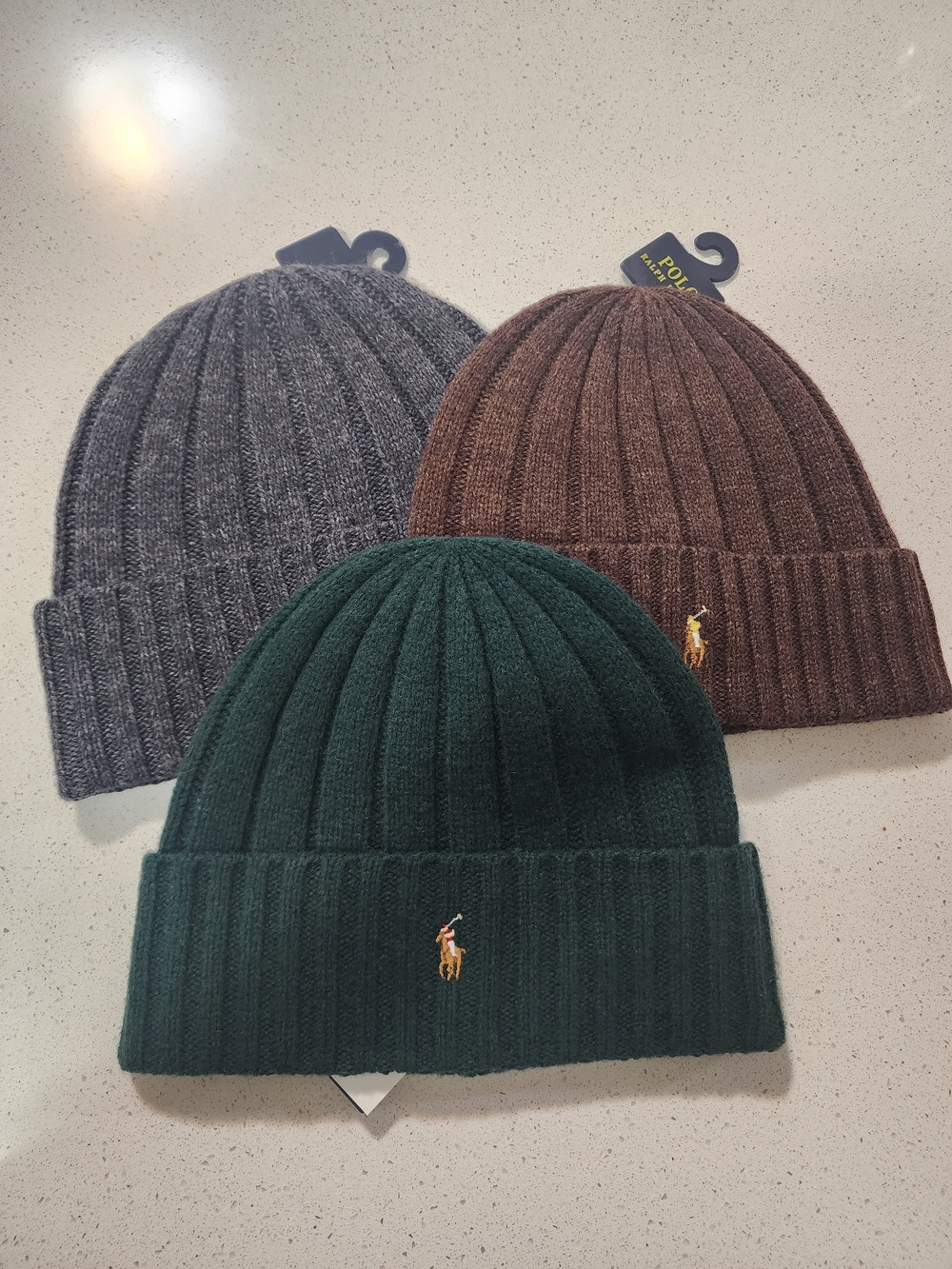 Polo by Ralph Lauren Rib Knit Beanie Trio - Forest Green, Charcoal, Brown
